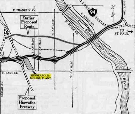 Map of Minneapolis south of Franklin Avenue, with the Mississippi RIver at right. 