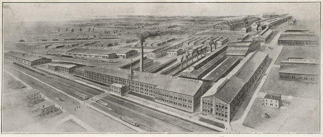 Drawing of a factory complex and nearby roads, with smoke coming from a smokestack at center.