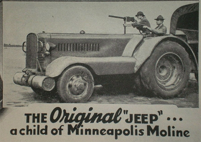 Newsprint add with two men sitting in a Jeep, with one handling a machine gun or other automatic weapon.