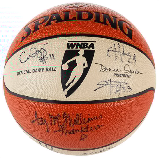 Minnesota Lynx basketball with orange and white segment and black lettering signed by players
