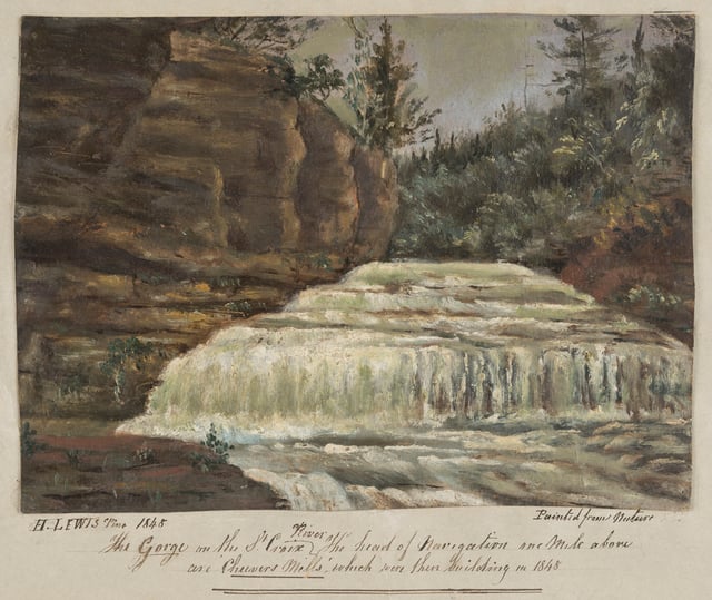 Painting showing a shallow, multi-tiered waterfall with a rocky promontory to the left and trees to the right.