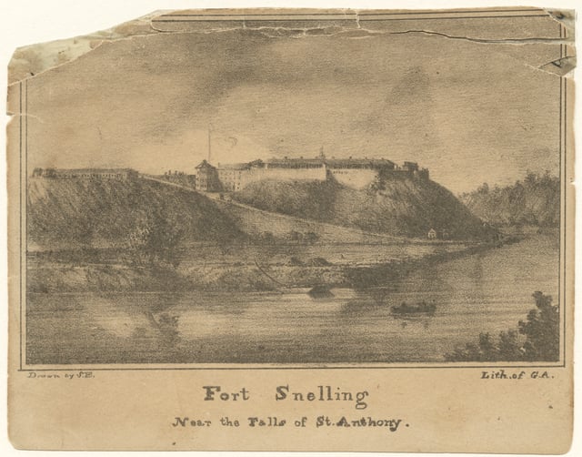 Lithograph torn across the top showing the intersection of two rivers and a fort sitting on a ridge behind it. 