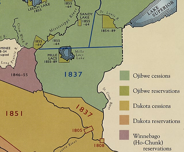 Map with colored squares indicating the locations of Ojibwe, Dakota, and Ho-Chunk land cessions and reservations south of Duluth and wests of the St. Croix River.