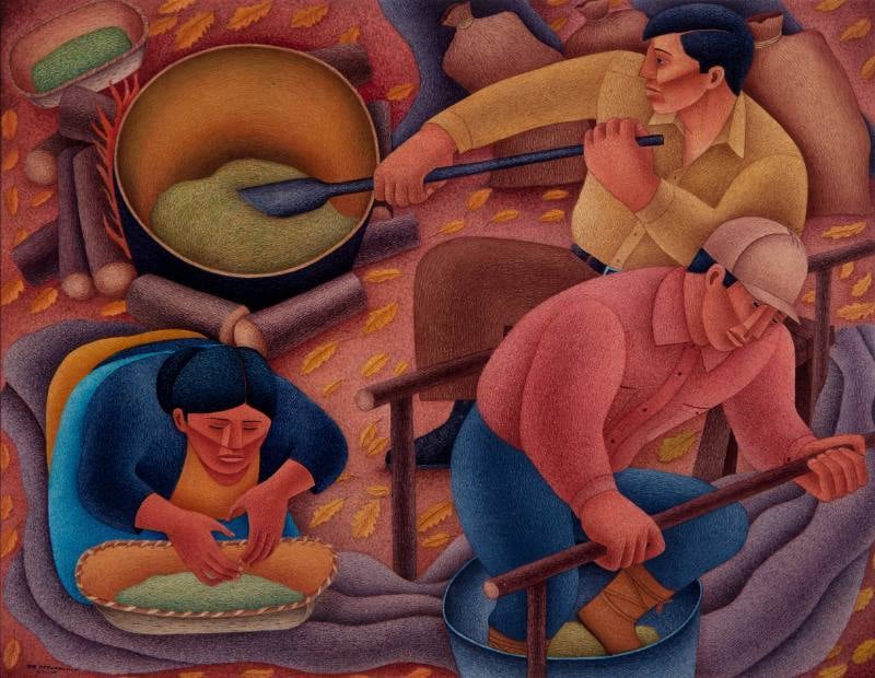 Three figures at work in a swirl of curving shapes and pastel colors, with one bending over a basket of wild rice, another stirring a pot, and another treading the rice.