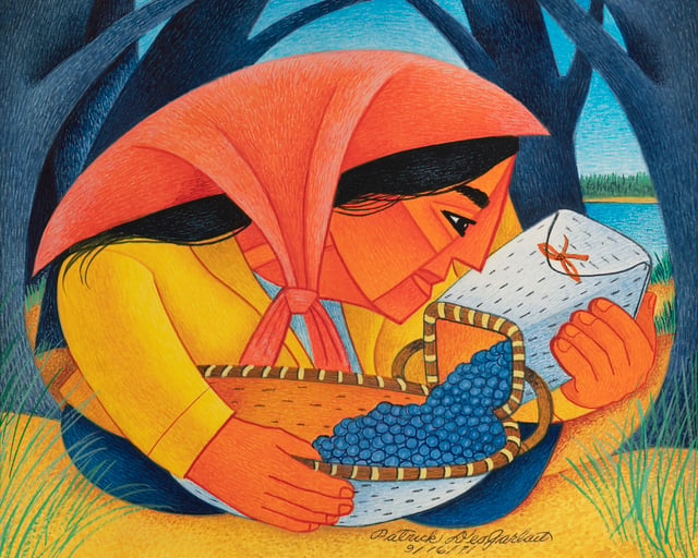 A woman in a salmon-colored kerchief kneels, taking up most of the picture space, while transferring blueberries from one birchbark container into another.