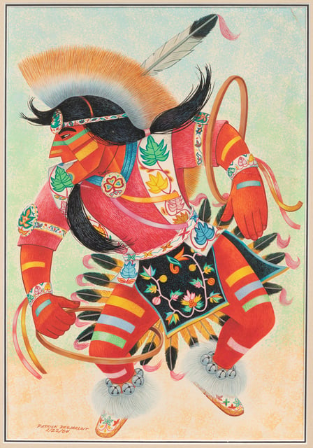 A brightly colored dancer moves his limbs while wearing a feathered roach, a beaded loincloth with floral decoration, and moccasins.