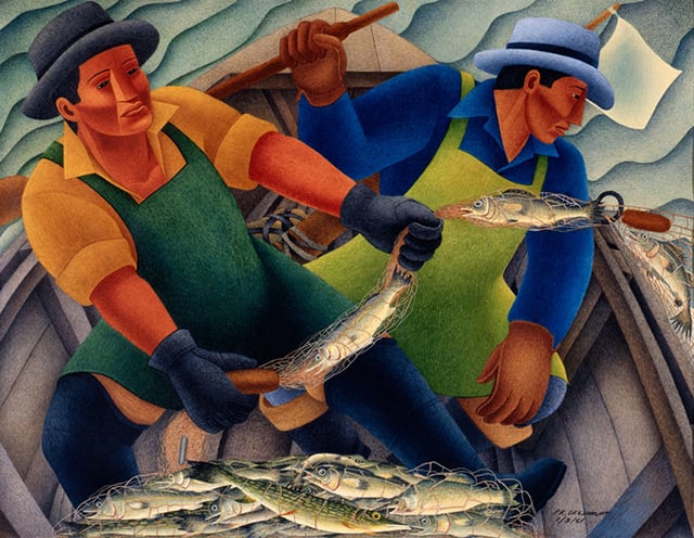 Men in green aprons, hats, and long-sleeved collared shirts sit in a boat, with one figuring pulling in fish in a net.