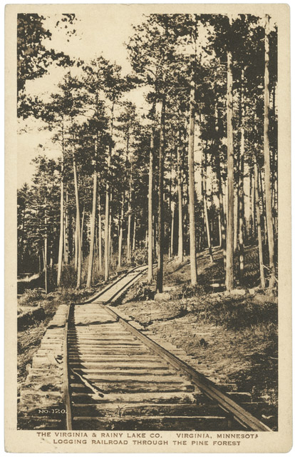 A railroad track leading into the background of an image, with pine trees on either side.
