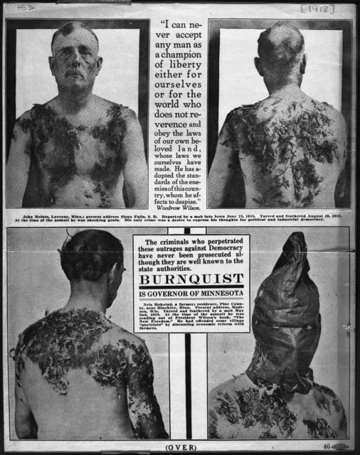 Black and white photograph of men tarred and feathered in Minnesota during 1918 campaign by anti-Nonpartisan Leaguers,  c.1918.