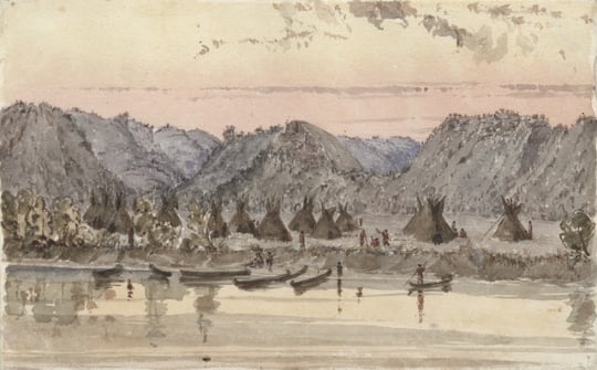 Watercolor on paper depicting Chief Wabasha’s village on the Mississippi River. Painted c.1845 by Seth Eastman.