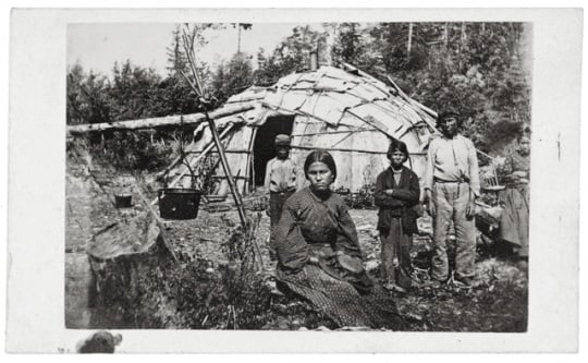 Black and white photograph of Ojibwe family, c.1860.