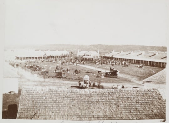 Black and white photograph of the Minnesota State Fair at Fort Snelling, 1860.