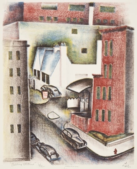 Color image of Filling Stations, 1940. Lithograph on paper by Alexander Oja.