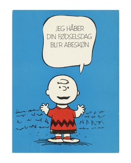 Swedish birthday postcard with Charlie Brown illustration