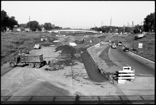 Black and white photograph of the construction of I-94 at the former intersection of Rondo and Fairview Avenues, September 1, 1967.