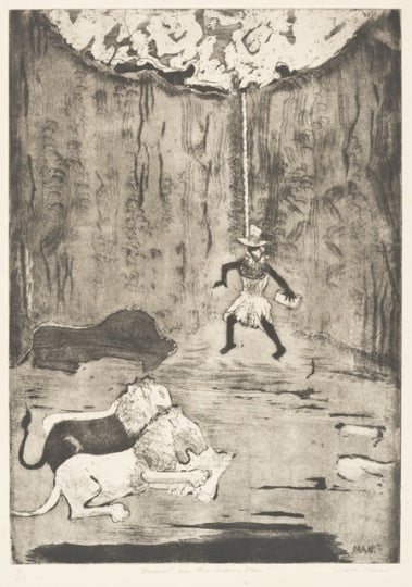 Daniel in the Lion’s Den, 1925. Etching on paper by Clara Mairs.