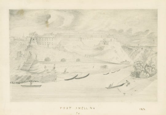 Graphite drawing of Fort Snelling showing landing road with root cellars beneath it and Dakota people in the foreground, c.1856. Drawing by B. C. H.