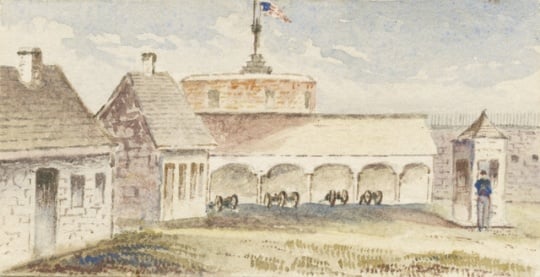 Watercolor painting of the interior of Fort Snelling, c.1853. Painting by George F. Fuller.