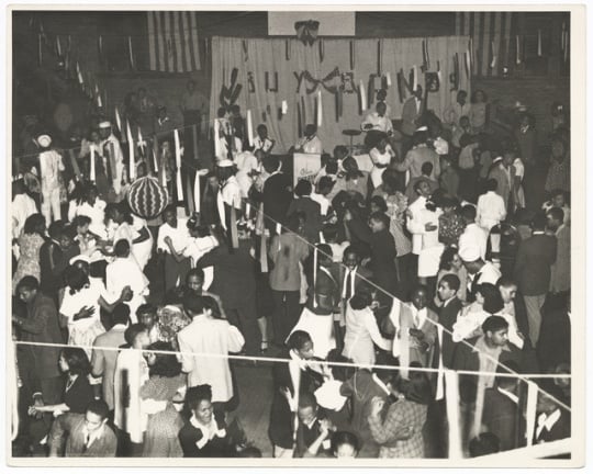 Black and white photograph of a neighborhood dance at Phyllis Wheatley House, ca. 1945.