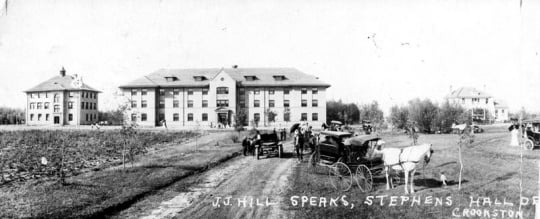 Black and white postcard picturing the dedication of Stephens Hall, with James J. Hill, in 1908.