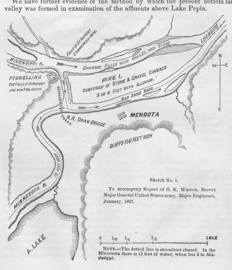 Survey of the confluence of the Minnesota and Mississippi Rivers at Fort Snelling at Bdóte in Survey of Upper Mississippi River (page 14).