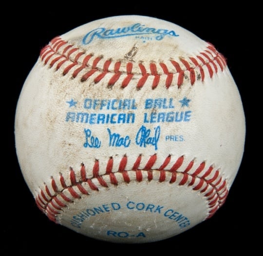 White leather baseball with red stitching used in the last Minnesota Twins game at Metropolitan Stadium on September 30, 1981.