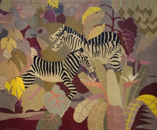 Three Zebras in a Jungle, 1928. Tapestry by Clara Mairs.