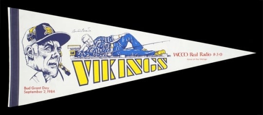 Color image of a felt pennant celebrating Bud Grant Day, September 2, 1984.