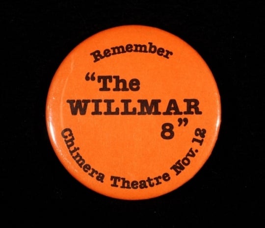 Color image of Remember 'The WILLMAR 8' Chimera Theatre Nov. 12 button, 1980.
