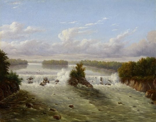 Color image of Owamniyomni (St. Anthony Falls), 1848. Oil painting by Seth Eastman.