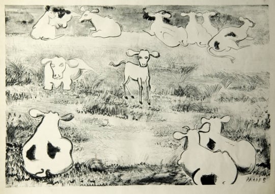 Cows and Calf, undated. Etching on paper by Clara Mairs.