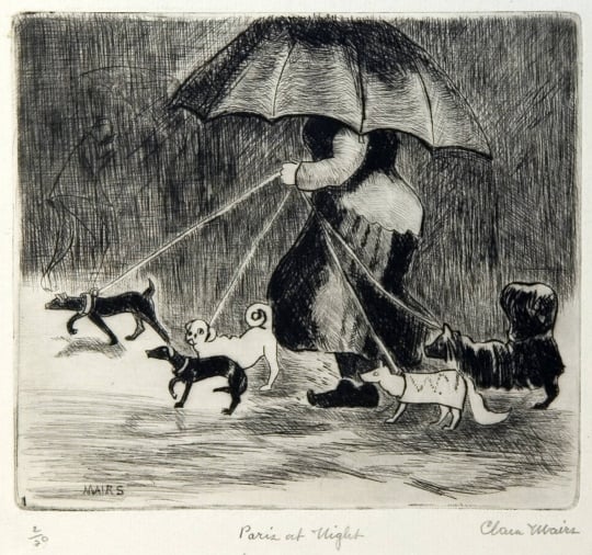 Paris at Night, undated. Etching on paper by Clara Mairs.