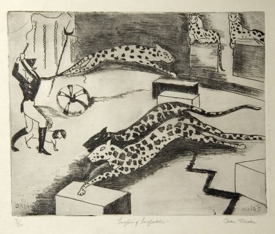 Leaping Leopards, c.1930. Etching on paper by Clara Mairs.