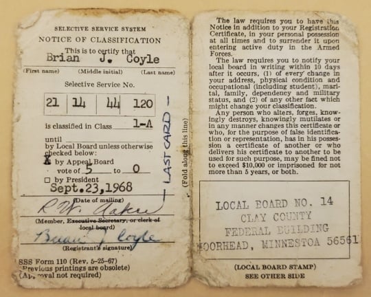 Brian Coyle’s draft card, 1968