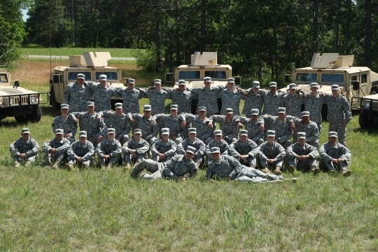 Color image of a platoon of the 34th Military Police Company, 34th Infantry Division, during annual field training at Camp Ripley, June 2016.
