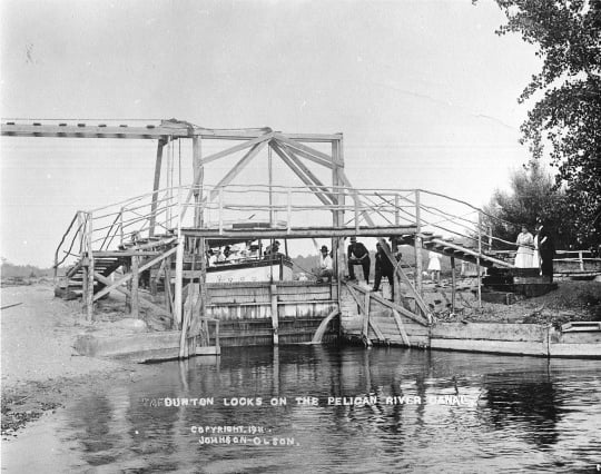 steamboat in a Lock between the Pelican River and Lake Sallie