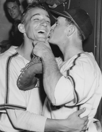 Rox manager Charlie Fox smacks Ramon Rosey Rosenkranz after a win in 1950. From the Stearns History Museum, St. Cloud.