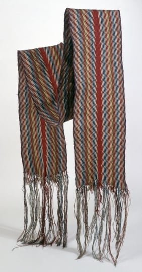 Color image of a French-Canadian finger-woven wool sash in ceinture flechee or “arrow sash pattern, ca. 1750–1800.