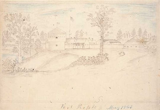 Graphite Drawing of Fort Ripley, 1863. Drawing by Jonathan Burnett Salisbury.