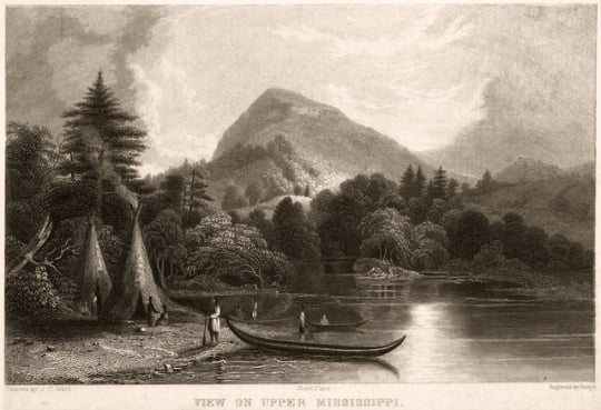 Black and white engraving on paper depicting Lake Pepin. Made by Jacob C. Ward c.1840.
