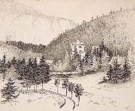 Kloestevl und Jagdschloss in Hinterviss, Tyrol, 1874. Pen and Ink on paper by Robert Koehler.