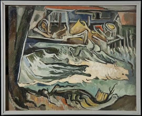 Upper Lakes Dam and Spillway, oil-on-canvas painting by Elof Wedin, 1967.