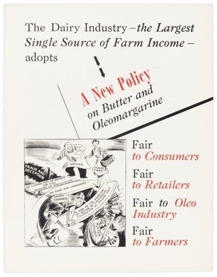 Editorial cartoon, commissioned by the National Cooperative Milk Producers Federation, advocating repeal of the federal tax on oleomargarine and the continuation of the ban on yellow margarine, 1949. Image from the Roy Wier Papers, 1920–1969, Minnesota Historical Society.