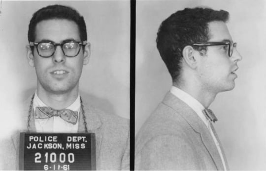 Zev Aelony photographed after his arrest by the Jackson Police Department in Jackson, Mississippi on July 11, 1961.