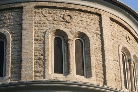 Color image of a Platteville Limestone curve of the Church of the Assumption, St. Paul, 2016. Photograph by Paul Nelson.