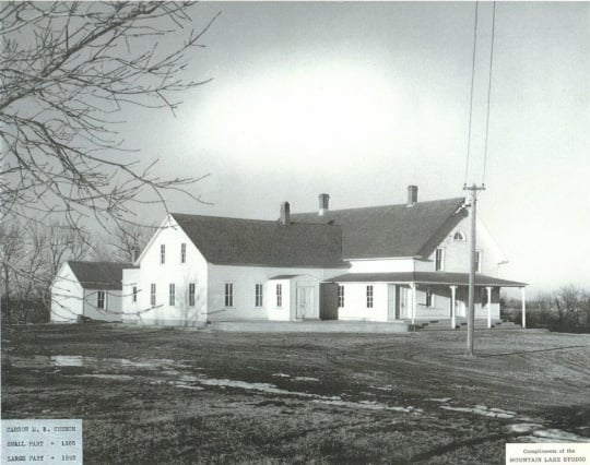 Black and white photograph of Bingham Lake Mennonite Brethren Church (1885–1949) date unknown.