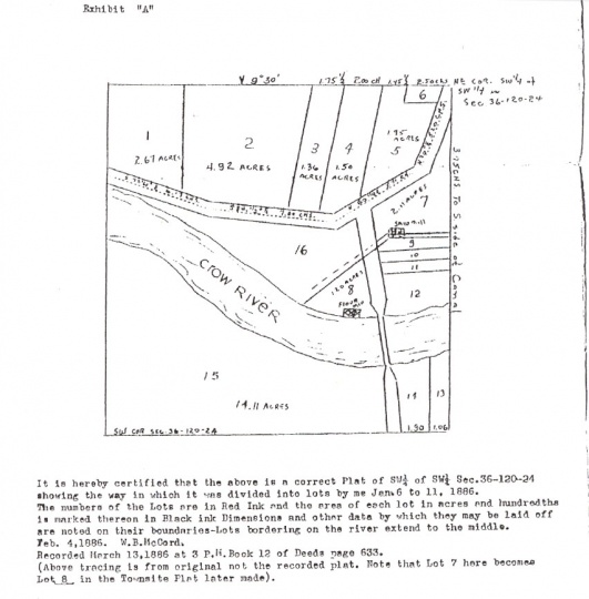 Townsite plat Exhibit A, Block A, 1886, Wright County Abstract.