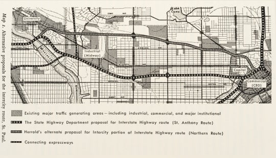 Map of the Interstate 94 corridor, 1965. From Alan A. Altshuler’s The City Planning Process: A Political Analysis (Ithaca, NY: Cornell University Press, 1965). Used with the permission of Cornell University Press.