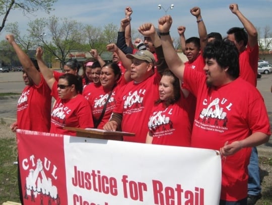 Members of the Centro de Trabajadores Unidos en la Lucha (Center of Workers United in Struggle, CTUL) rally to support retail cleaning workers and their legal fight to collect unpaid wages from big-box employers like Target and K-Mart, 2014. Used with the permission of CTUL photographer unknown.