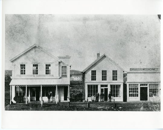 Black and white photograph of Van Campen store and Scofield's drug store, 1883.